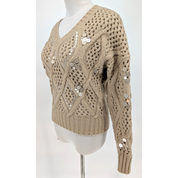 WHBM Sequin Cable Knit Sweater Beige Chunky Embellished Cozy Glam XS Holiday - Picture 7 of 14